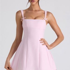 Bow-Detail Pleated A-Line Mini Dress in Soft Pink